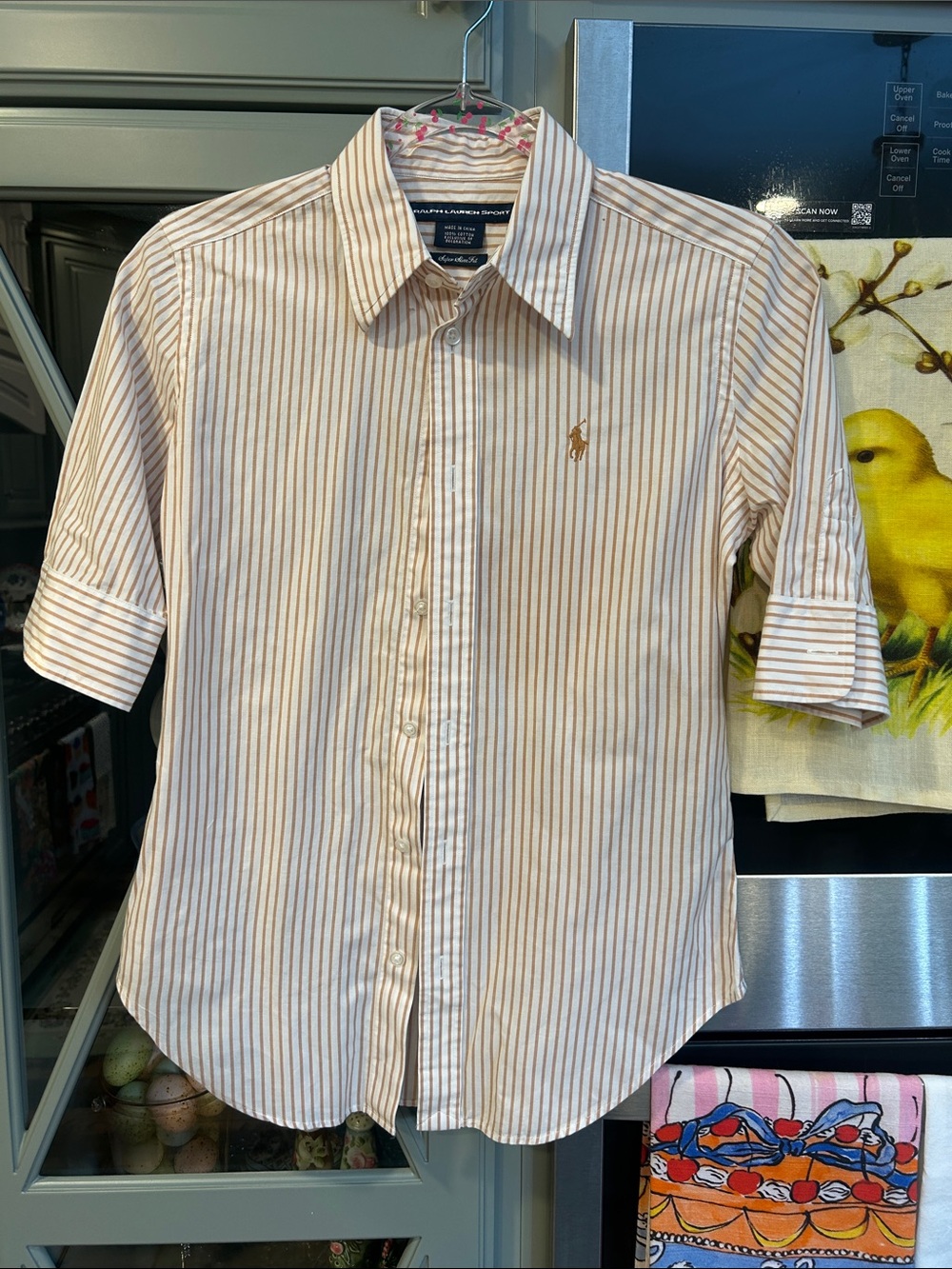 Ralph Lauren Ladies Preppy  Tan & White Striped Cotton Shirt